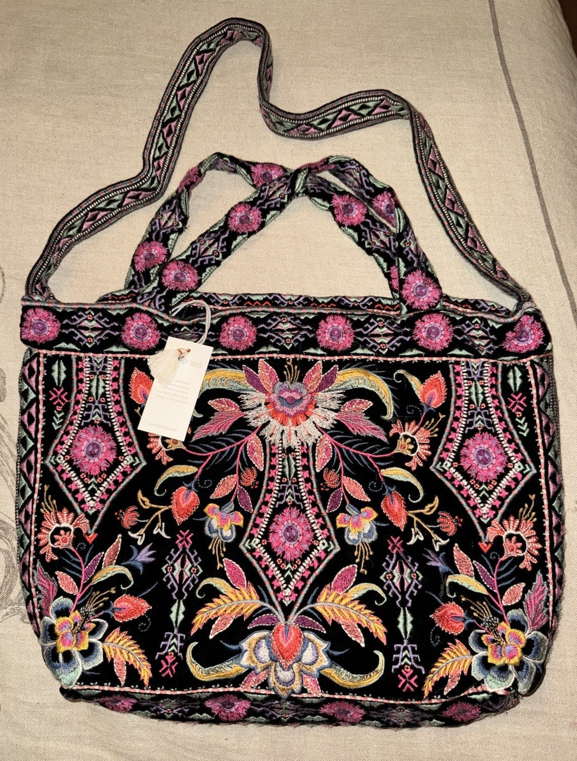 Johnny Was Large Black Velvet Hobo Bag Tote Purse Embroidered Crossbody Johnny Was