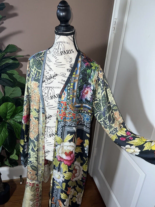 Johnny Was 100% Silk Kimono L Large Cherry Blossoms STUNNING BACK  Buttons Wrap