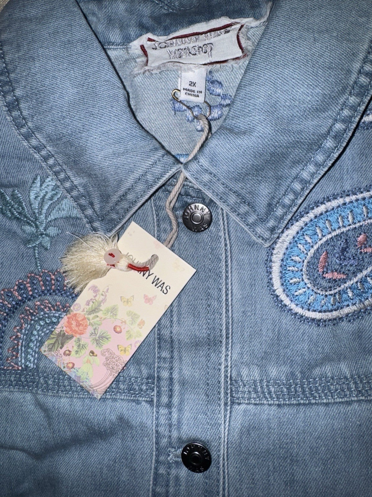 Johnny Was 2X Plus Denim Worker Jacket Coat Embroidered Birds & Paisley Johnny Was