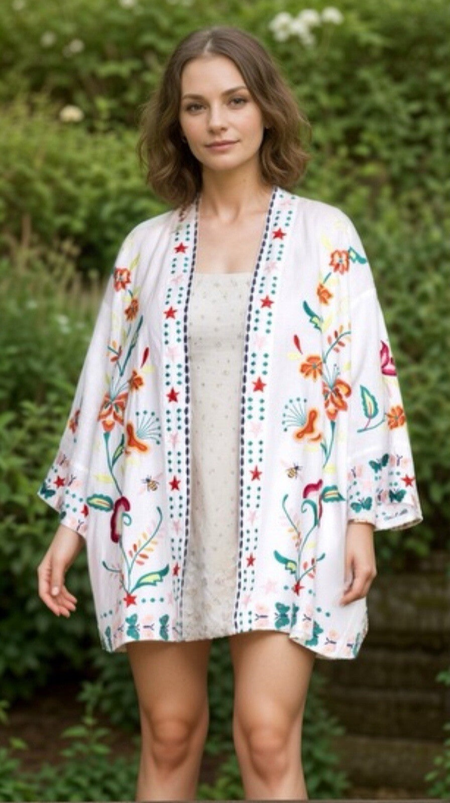 Johnny Was 2X White Linen Kimono Colorful Embroidery Top BOHO Wrap Jacket Johnny Was