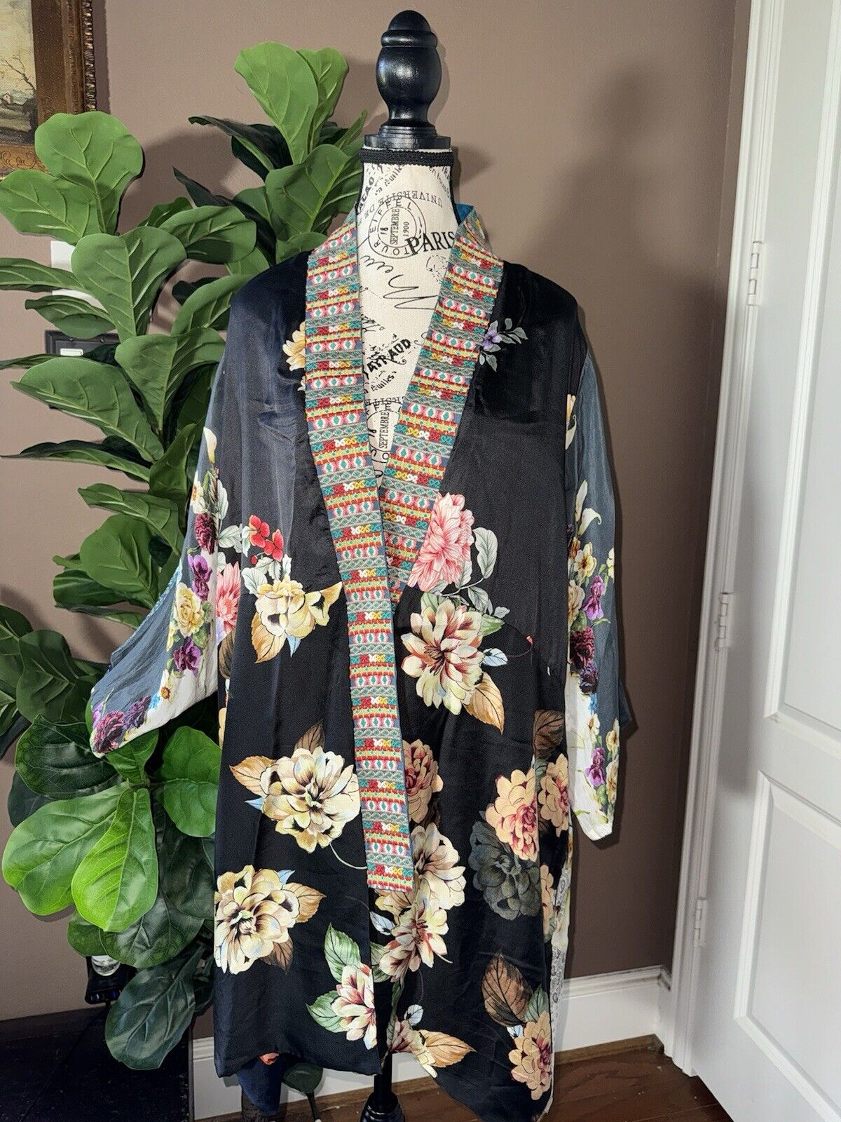 Johnny Was Sz L Silky Kimono Duster REVERSIBLE Embroidered Cardigan Wrap