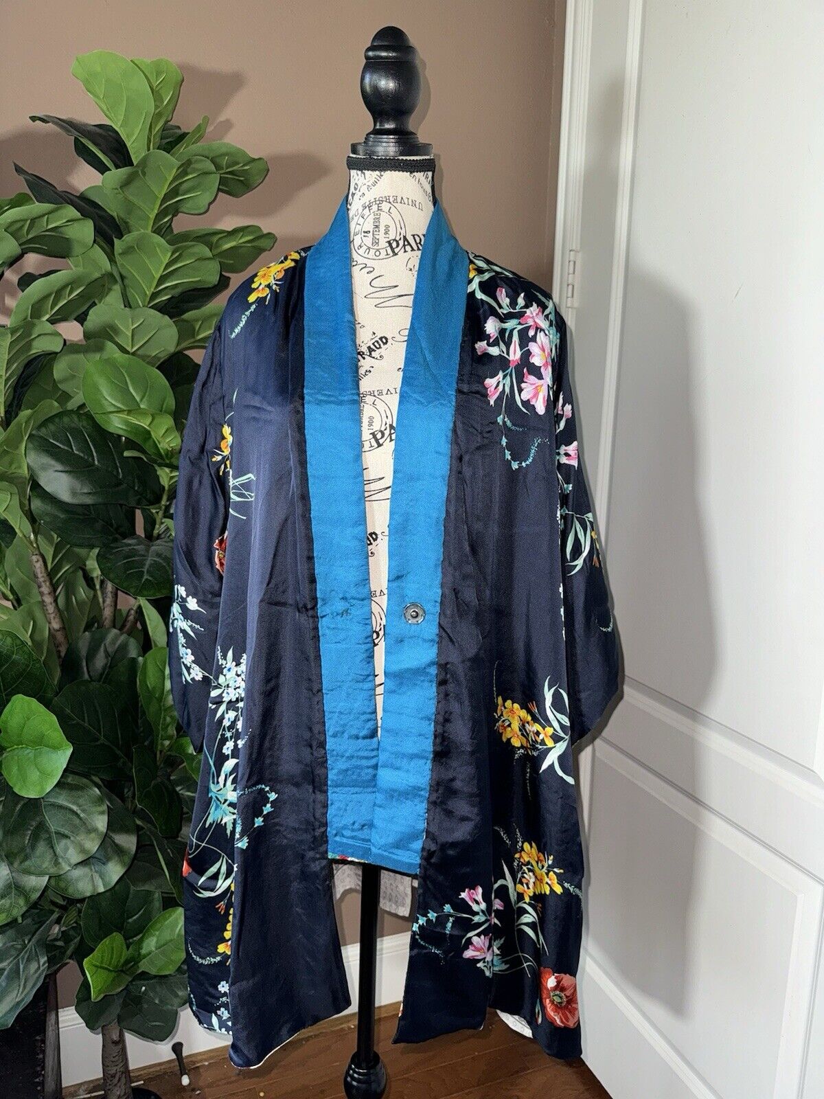 Johnny Was Sz L Silky Kimono Duster REVERSIBLE Embroidered Cardigan Wrap