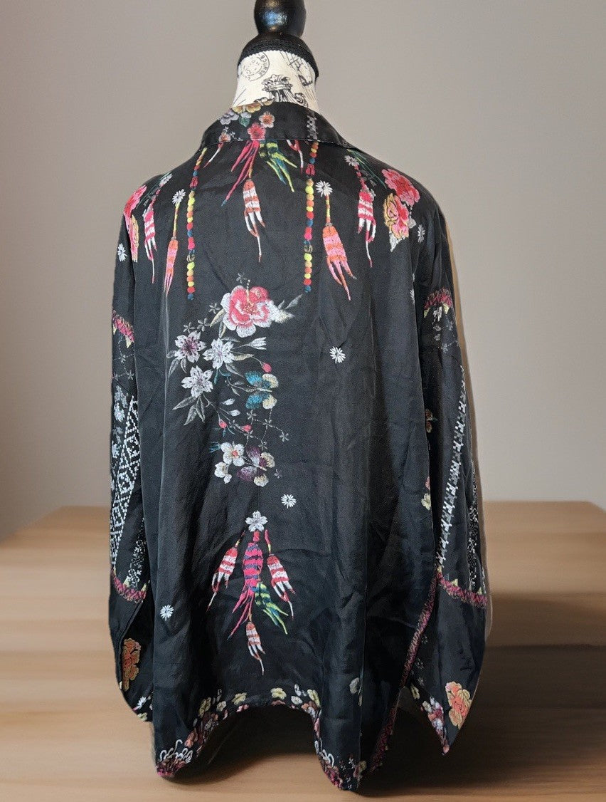 Johnny Was L 100% Silk Button Up Blouse Shirt Long Sleeve Tunic Top Lightweight Johnny Was