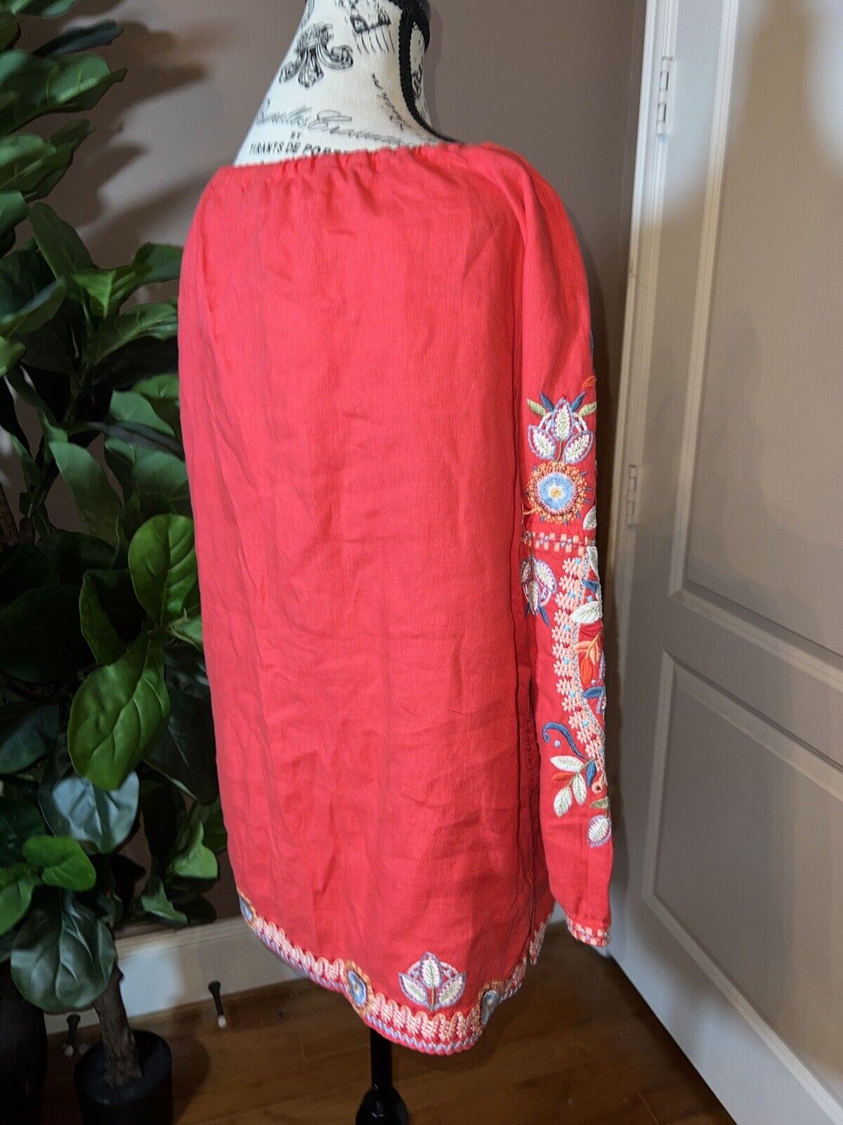 Johnny Was XL 1X 1XL Linen Kimono Sleeve Peasant Top Floral Embroidered