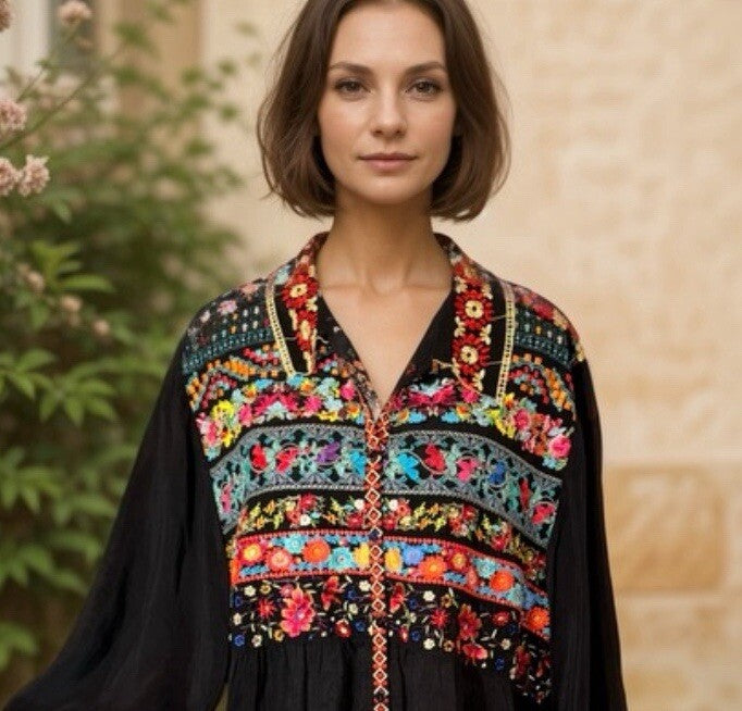 Johnny Was XXL Button Up Tunic Top Black Embroidered Floral Shirt Blouse Johnny Was