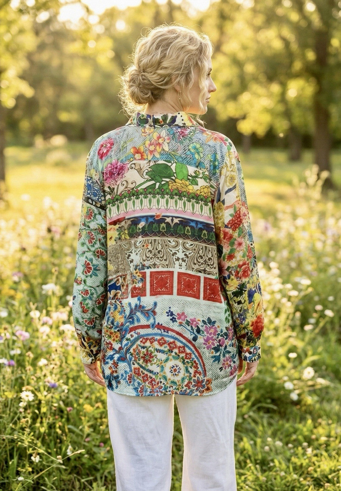 Johnny Was XL 100% Silk Button Up Blouse Long Sleeve Tunic Top Shirt Lightweight Johnny Was