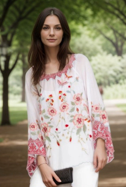 Johnny Was L Large Embroidered Silky Pink White Tunic Top Kimono Sleeves SPRING Johnny Was