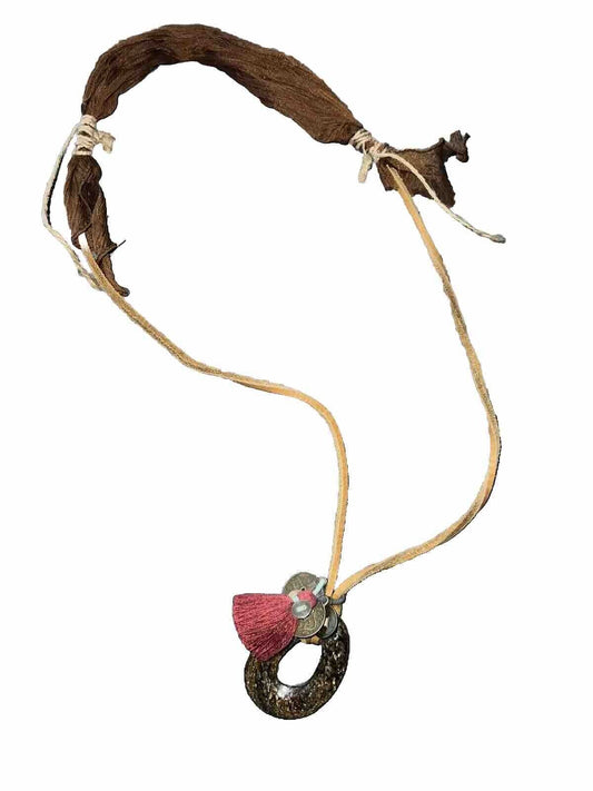 Johnny Was Leather Strap Necklace With Tassels Coins & Stone Pendant BOHO