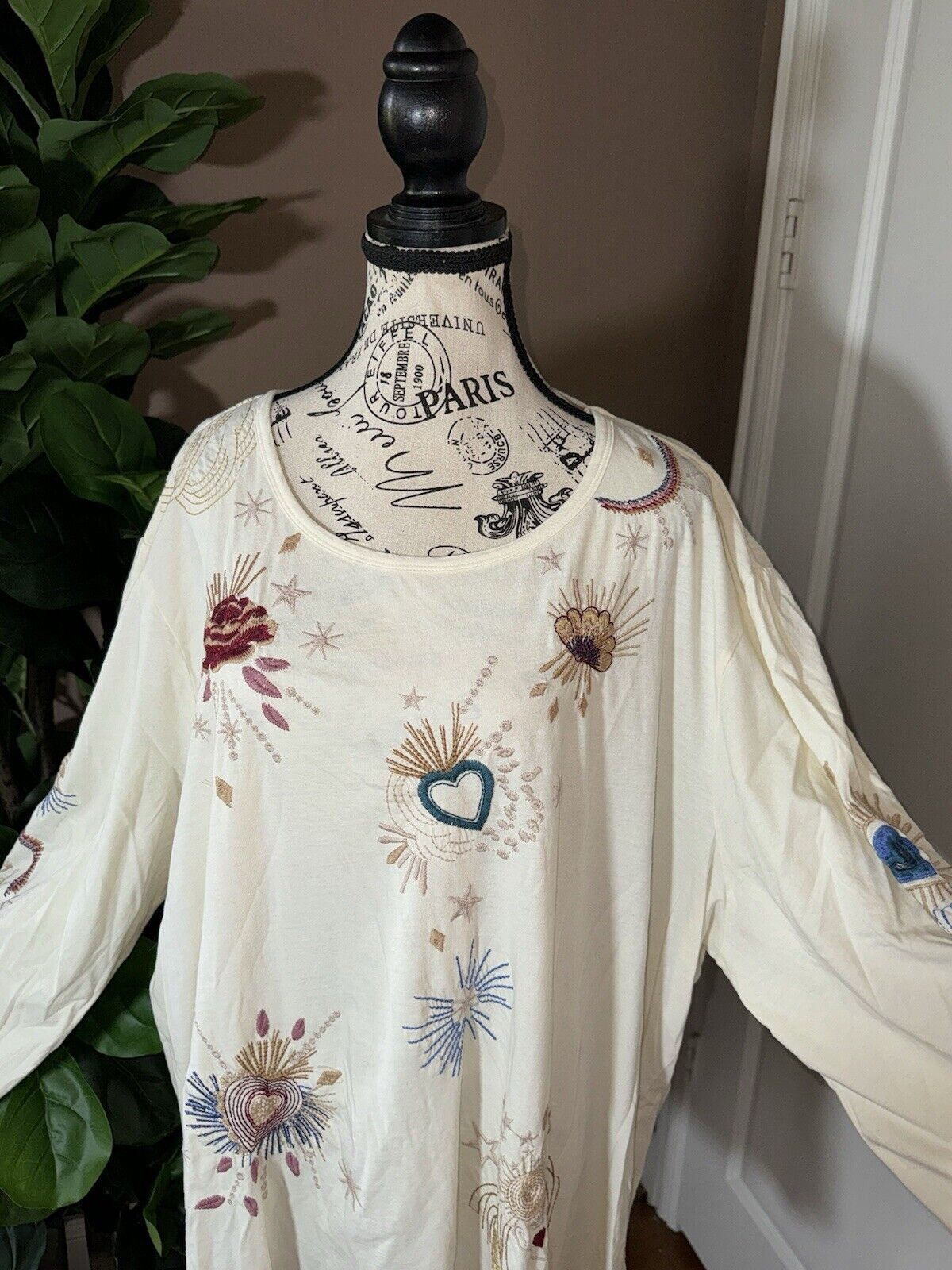 Johnny Was 3x Cream Peasant Tunic Top Cute Embroidery Kimono Sleeves