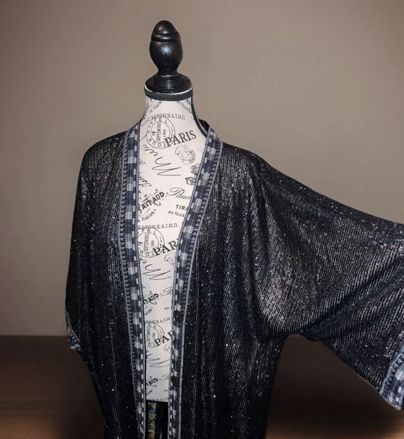 Johnny Was Sz L Black 100% Silk & Sequins KIMONO Long Duster Coat REVERSIBLE Johnny Was