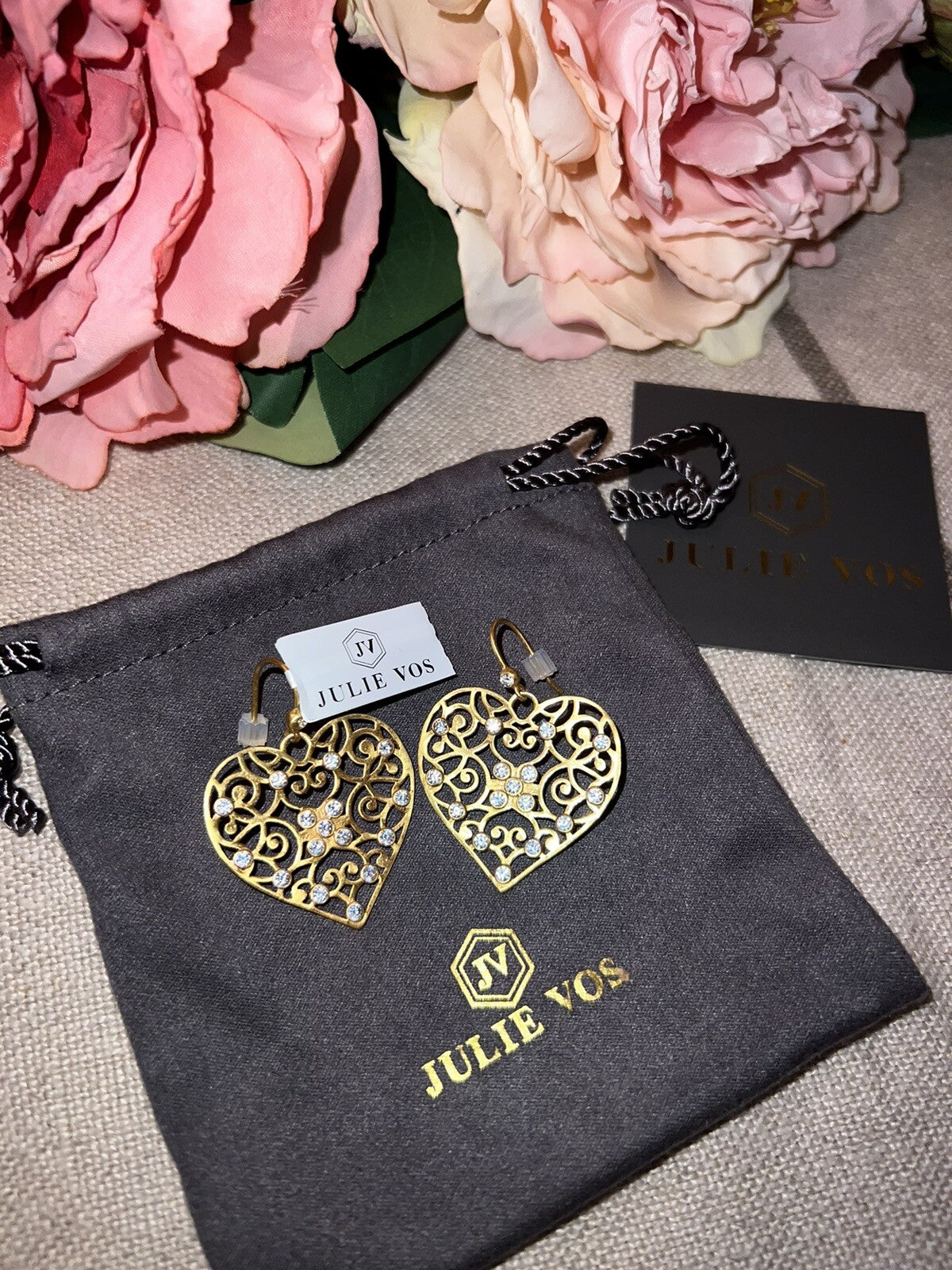Julie Vos Heart Earrings CZ Embellished 24k Gold Plated Luxe statement Julie Vos