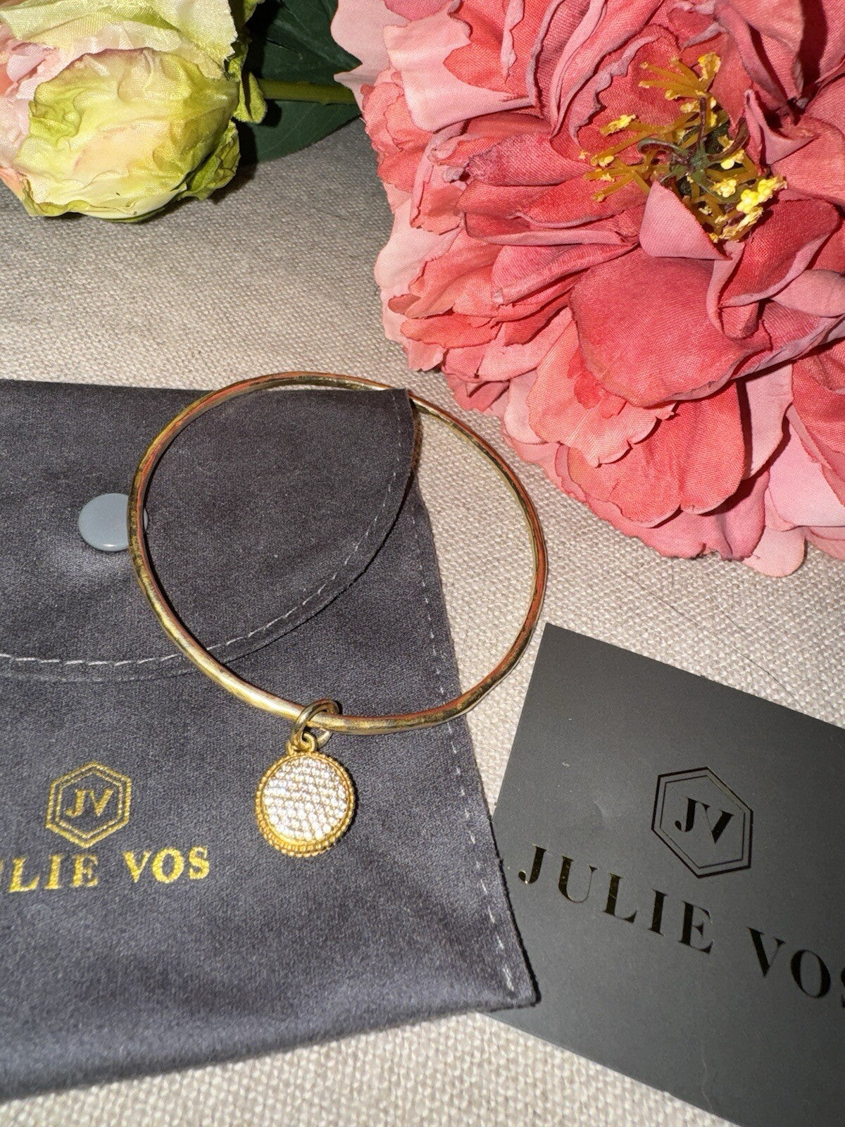 Julie Vos Pave Charm CZ Bangle Bracelet Sz L Large Reversible Fleur de lis Julie Vos