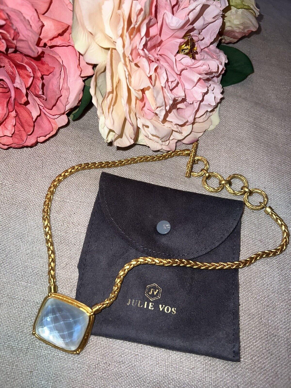 Julie Vos White/Clear Iridescent Pendant 24k Gold Plate Chain Necklace