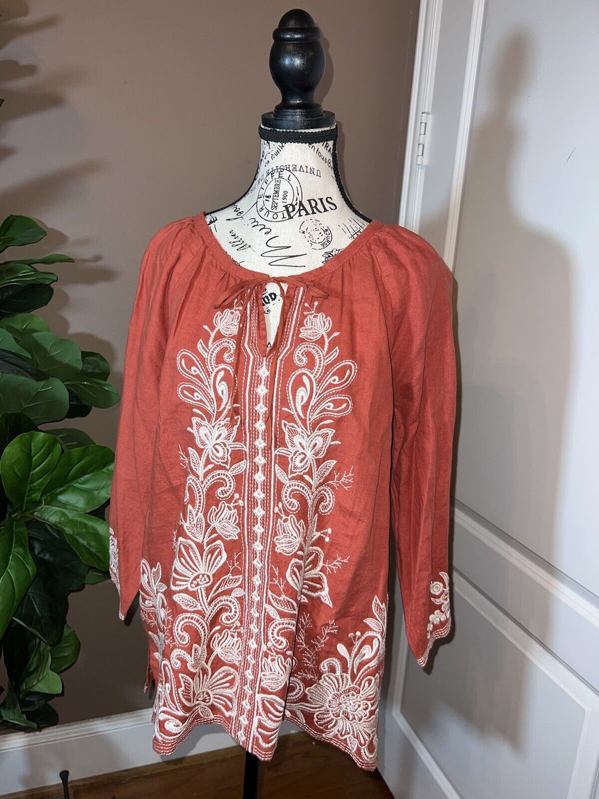 Johnny Was L Large Linen Kimono Sleeve Peasant Top Floral Embroidered