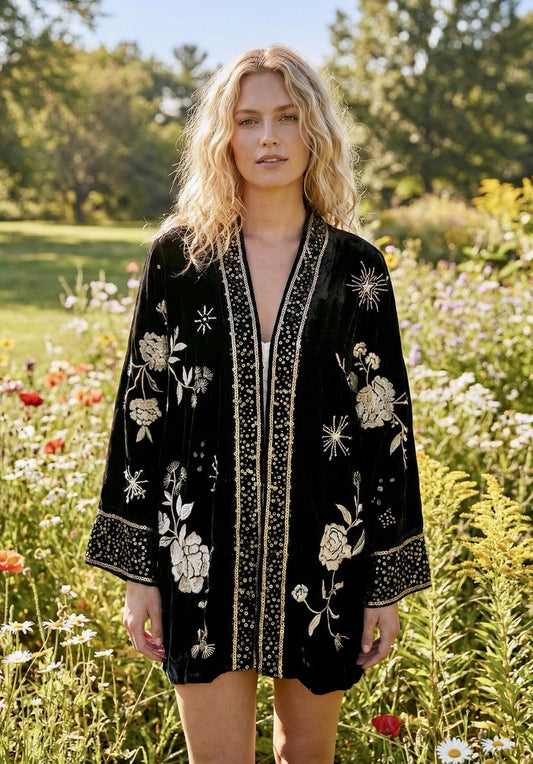 Johnny Was 1X Black & Gold Velvet & Sequins Kimono Silk Lining Wrap Jacket Johnny Was