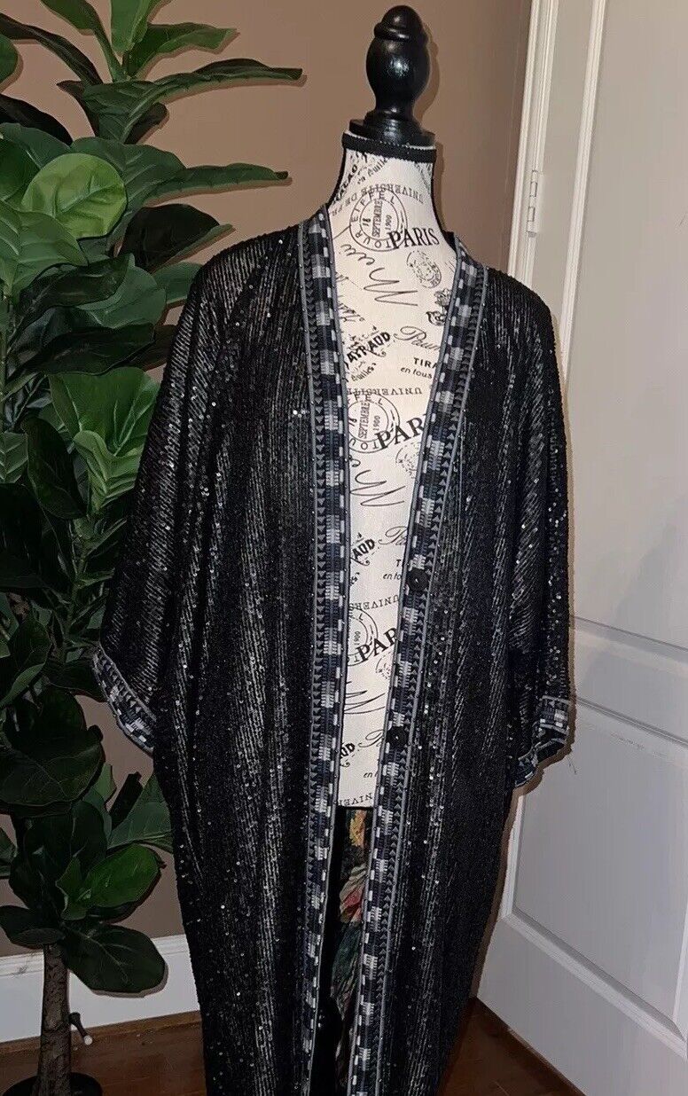 Johnny Was XL Long Silk & Sequin Black KIMONO Duster Wrap REVERSIBLE OVERSIZ