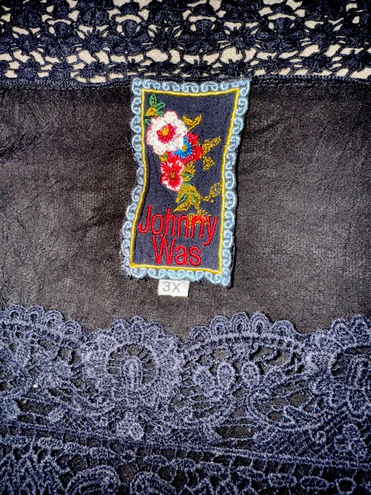 Johnny Was 3x 3XL Tunic Top Black Silky Shirt Embroidered Blouse Lightweight Johnny Was