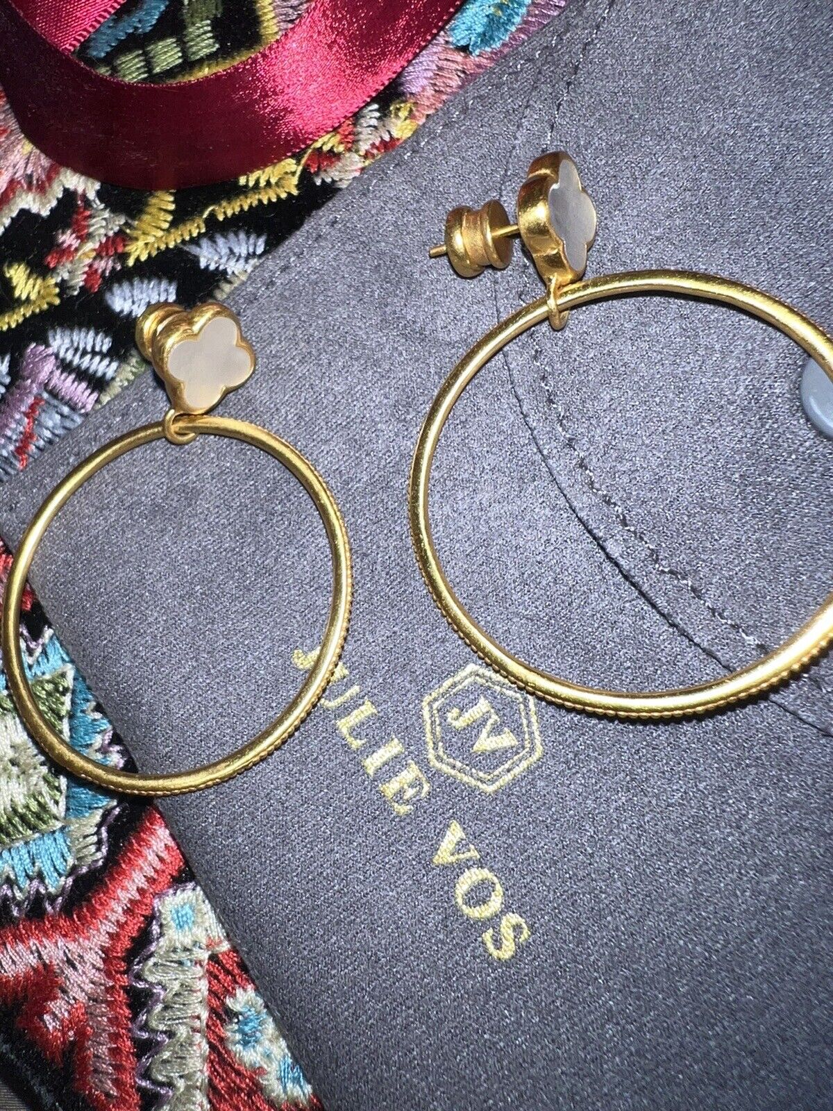 Julie Vos Mother Of Pearl & 24k Gold Plate Hoop Earrings 2” Classic