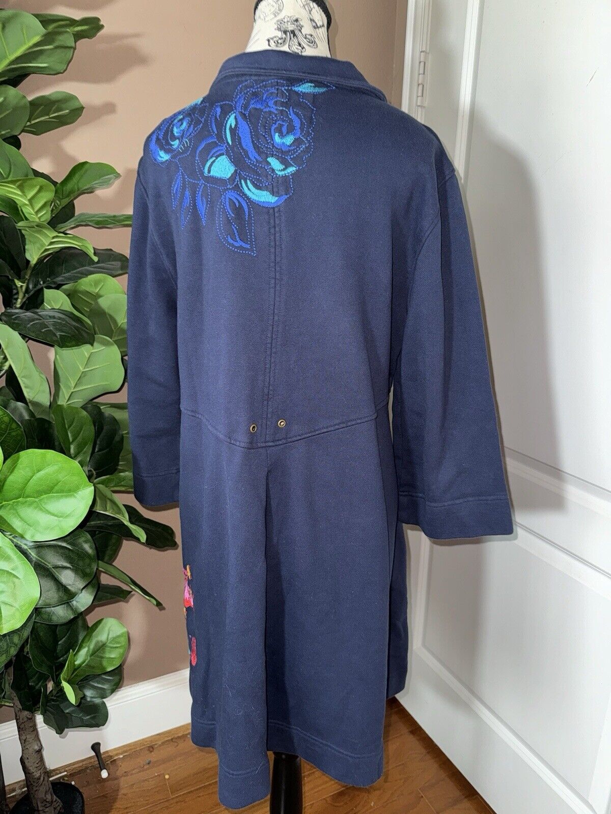 Johnny Was Military Trench Coat Jacket Sz XL 1X Navy W/ Embroidery  Soft