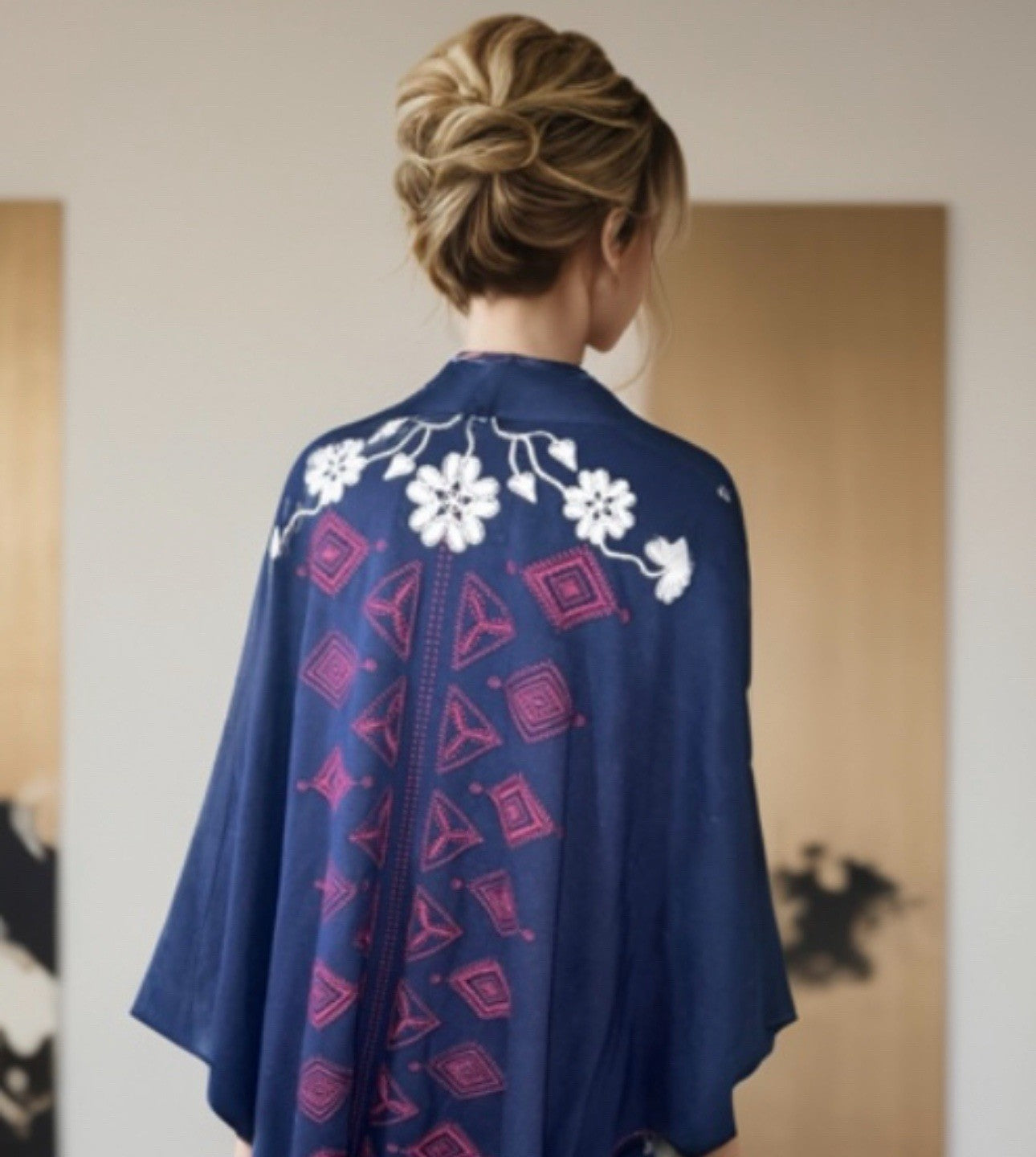 Johnny Was Navy Blue & Red French Terry 3X Kimono Wrap Poncho Coat Jacket Johnny Was