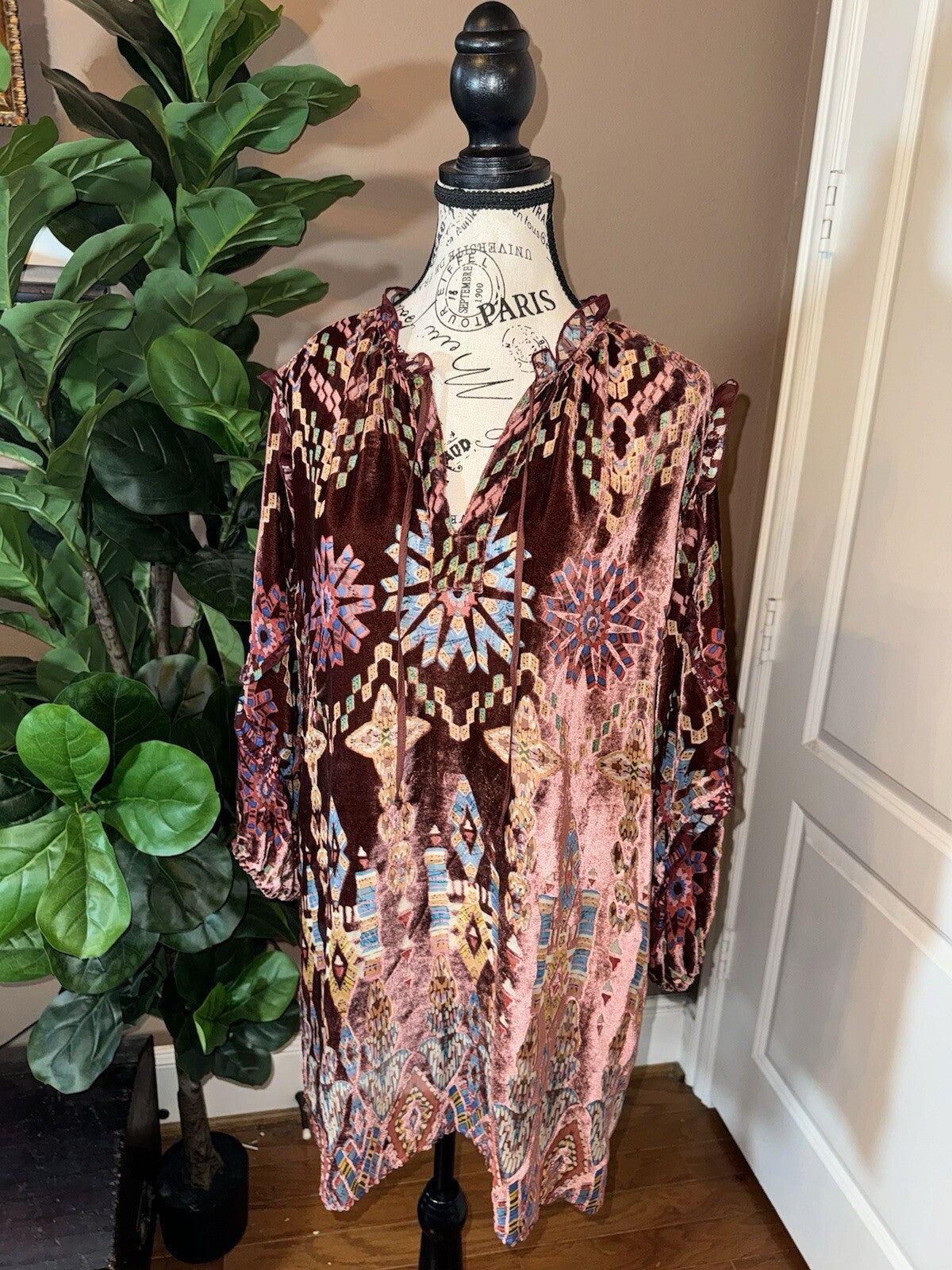 Johnny Was Brick Red Geometric Burnout Velvet Tunic Top L Large Peasant Johnny Was