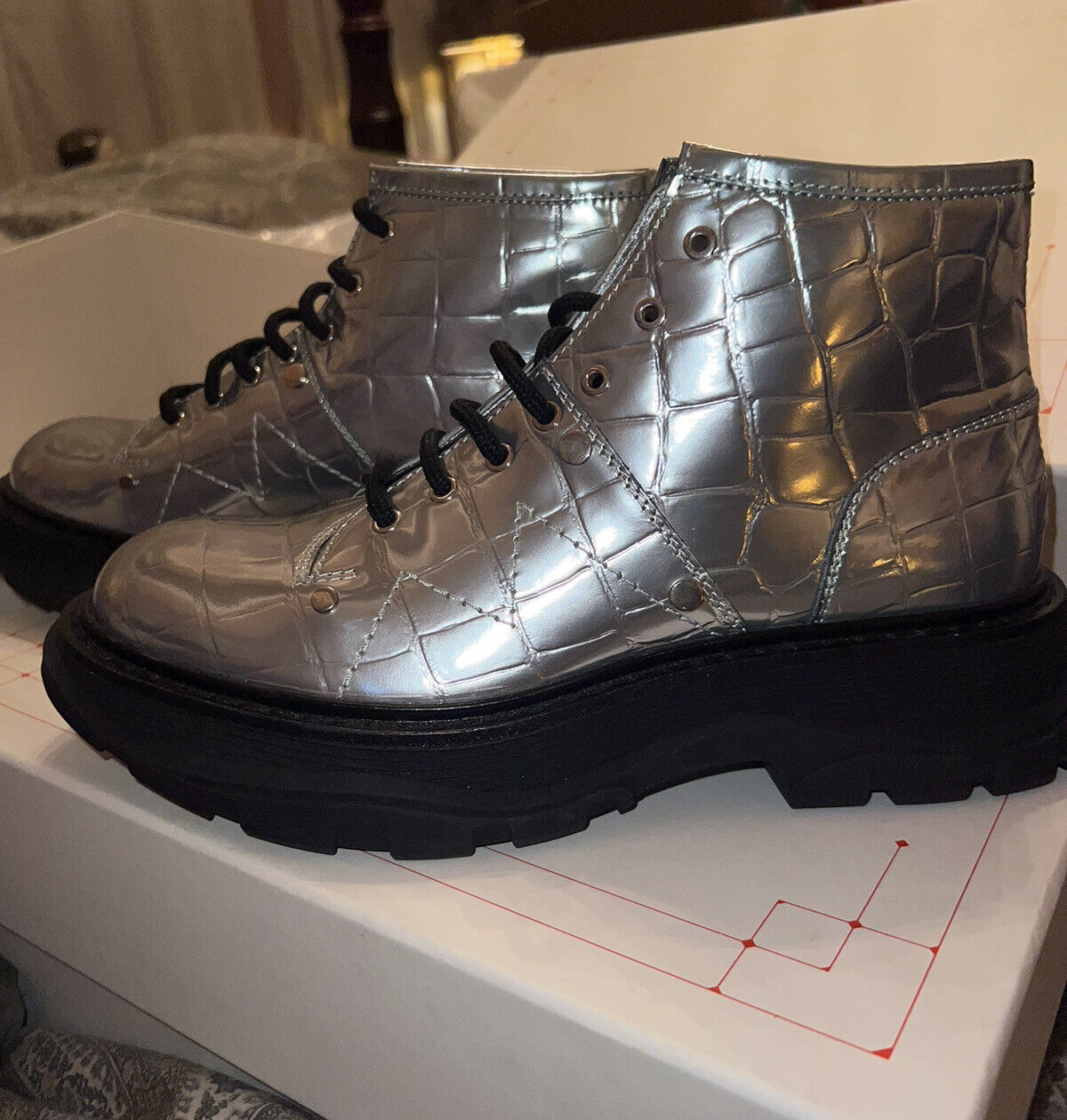 Alexander McQueen Patent Animal Print Combat Boots Silver 39.5 $1050 Retail