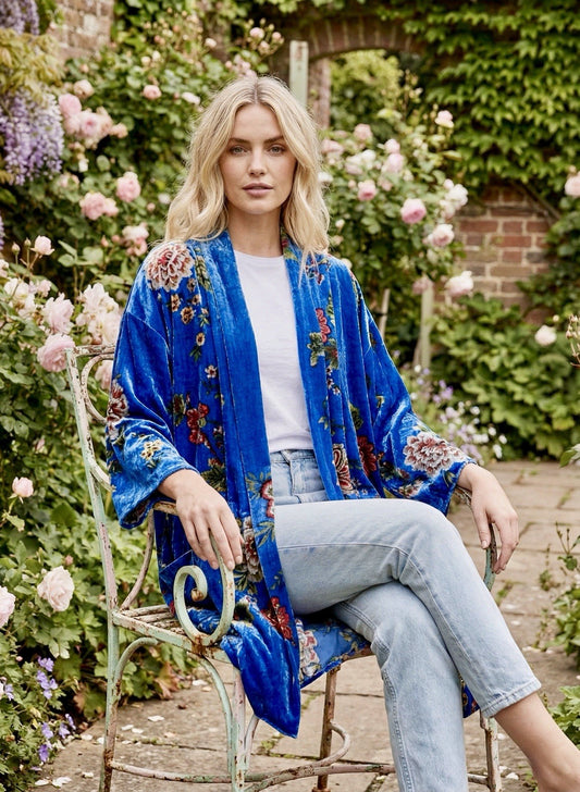 Johnny Was L Blue Floral Velvet Kimono Wrap Duster BOHO Cardigan Jacket Johnny Was