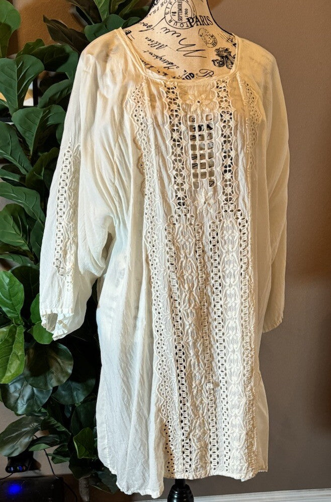 Johnny Was 3X Ivory Long Sleeve Tunic Top Blouse Shirt Off White Eyelet Lace Johnny Was