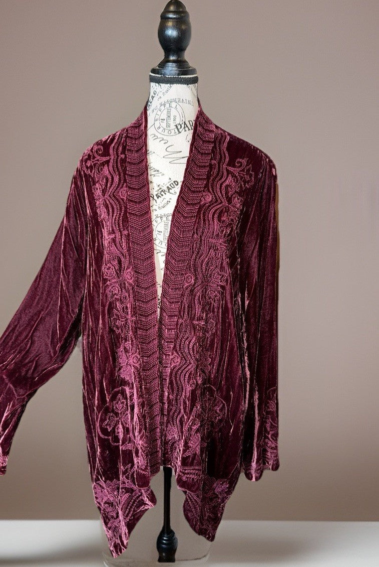 Johnny Was L Large Deep Wine Red Velvet Kimono Wrap Cardigan Tonal Embroidery Johnny Was