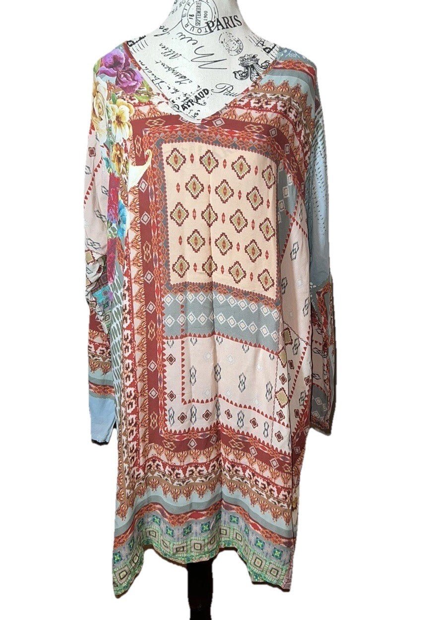 Johnny Was 1X Shift Mini Dress Tunic Top Lightweight Cool Soft Patchwork Johnny Was