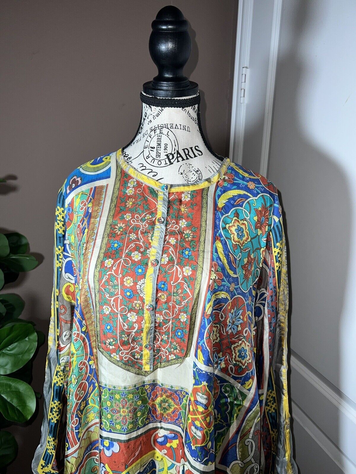 Johnny Was 100% Silk Long Sleeve Tunic Top Button Up Blouse Kimono Sz XL 1X 1XL