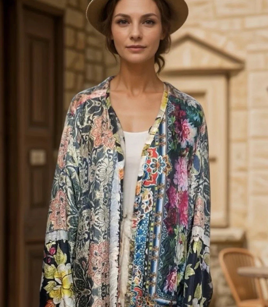 Johnny Was Large 100% Silk Kimono Cherry Blossoms STUNNING BACK Button Up Blouse Johnny Was