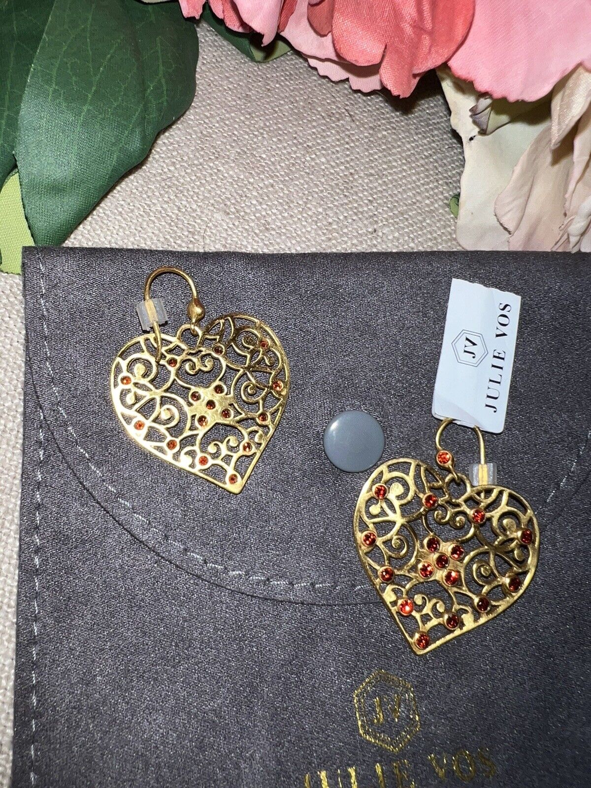 Julie Vos Ruby Red CZ Embellished Heart Earrings 24k Gold Plate   SPARKLY