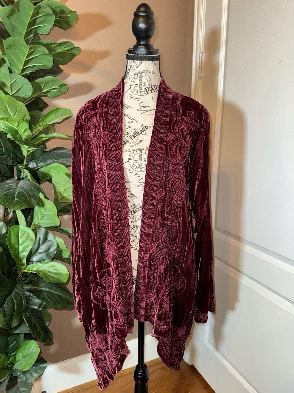 Johnny Was L Deep Wine Red Velvet Kimono Wrap Cardigan Tonal Embroidery