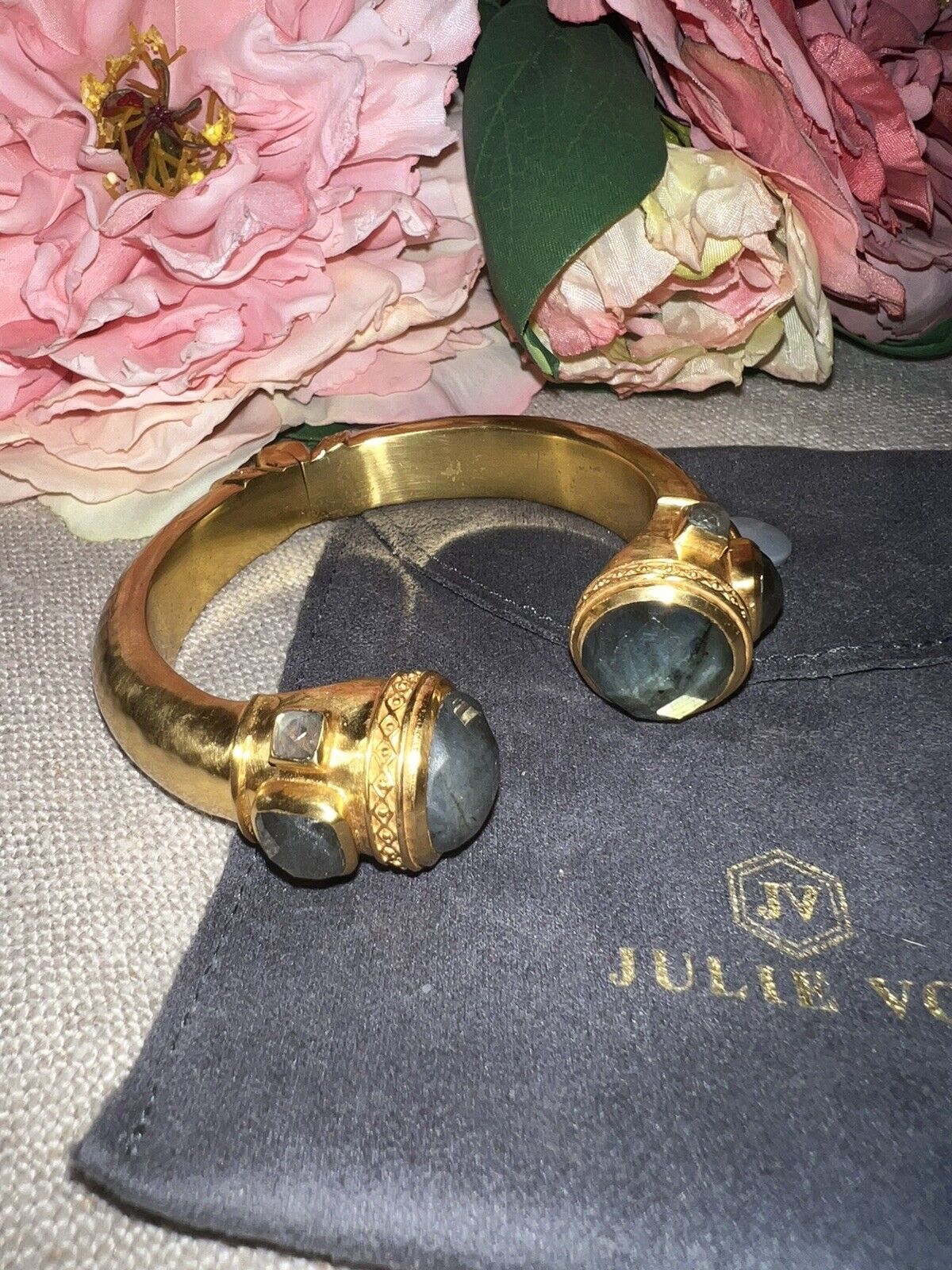 NEW Julie Vos Labradorite & 24k Gold Plated Hinged Bangle Cuff Bracelet NWOT