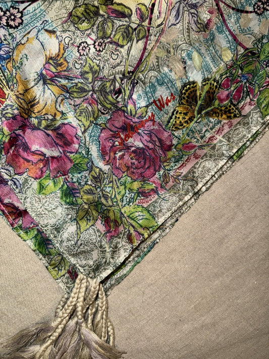 Johnny Was Silk Scarf w/ Tassels Colorful Flowers Beautiful Condition Johnny Was