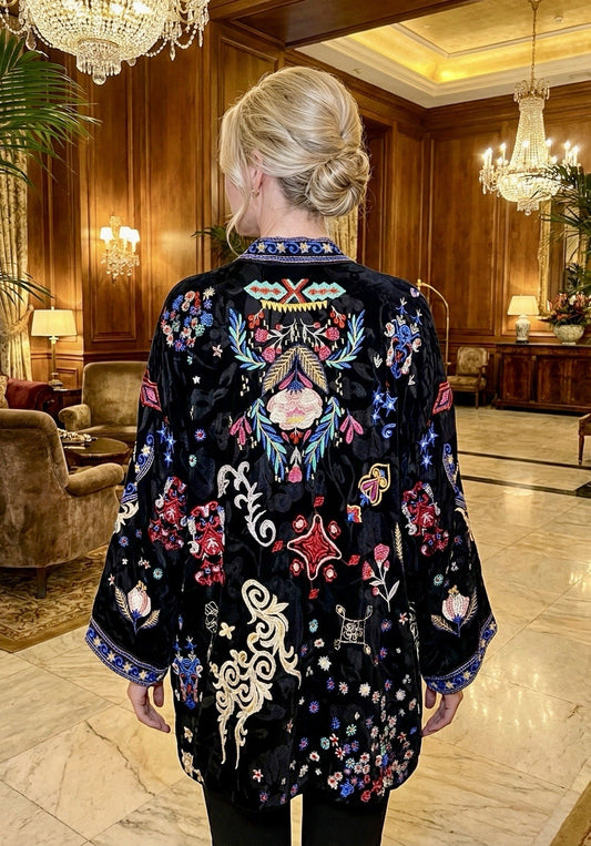 Johnny Was L Black Kimono REVERSIBLE Duster Embroidered Wrap Jacket $645 Retail Johnny Was