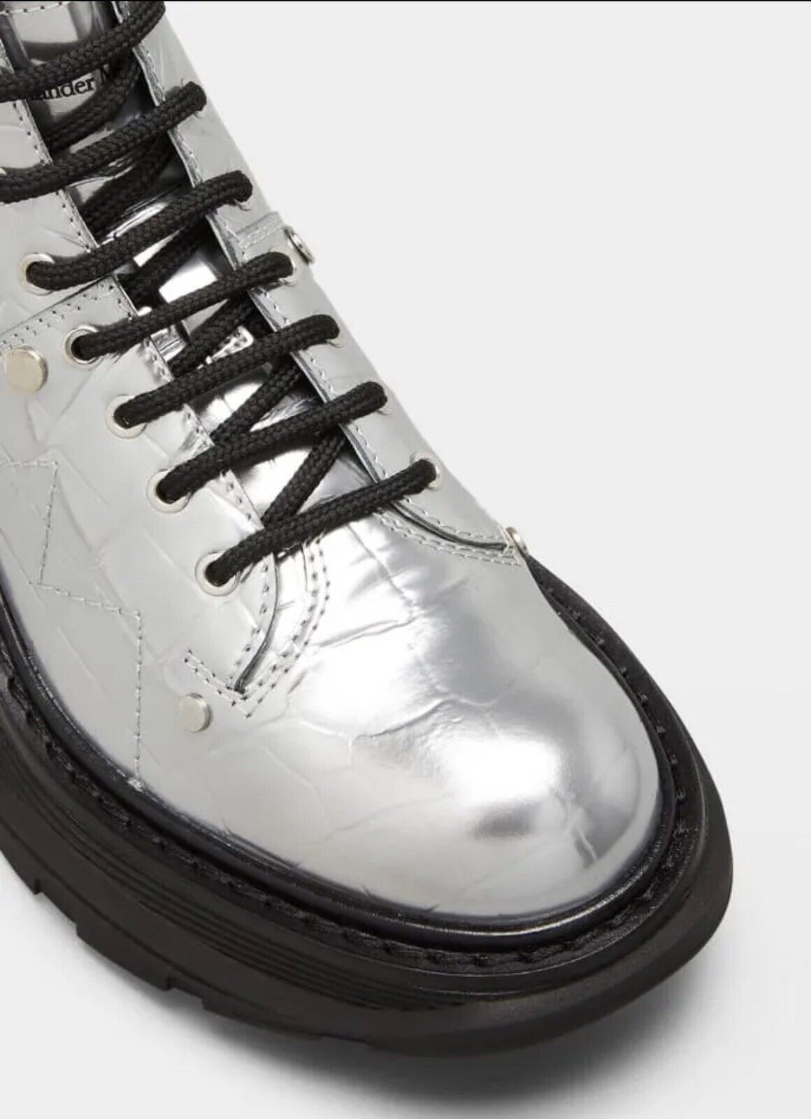 Alexander McQueen Patent Animal Print Combat Boots Silver 39.5 $1050 Retail