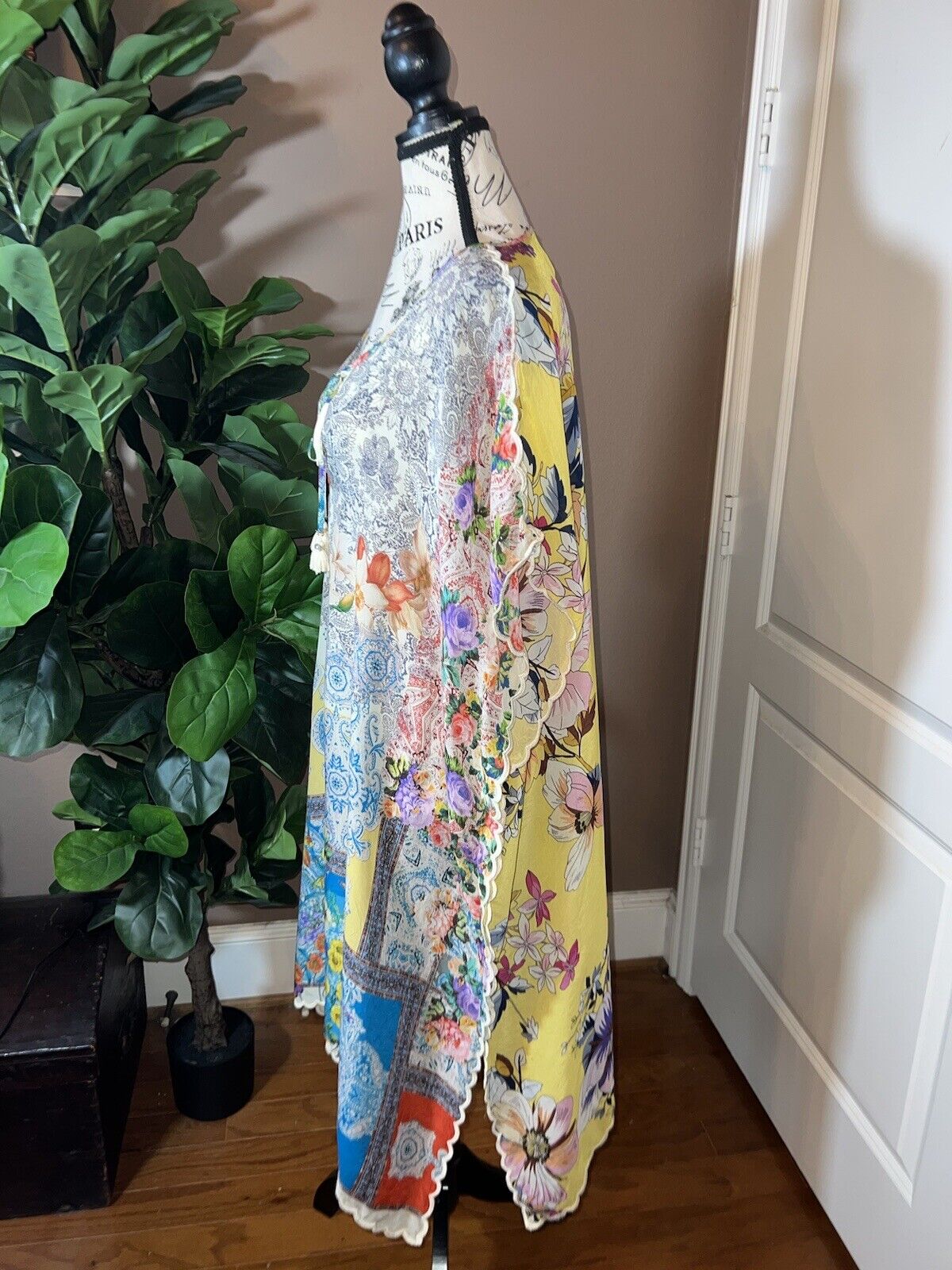 Johnny Was Silky Long Kimono Kaftan Floral & Patchwork Yellow XXL 2XL 2X SPRING