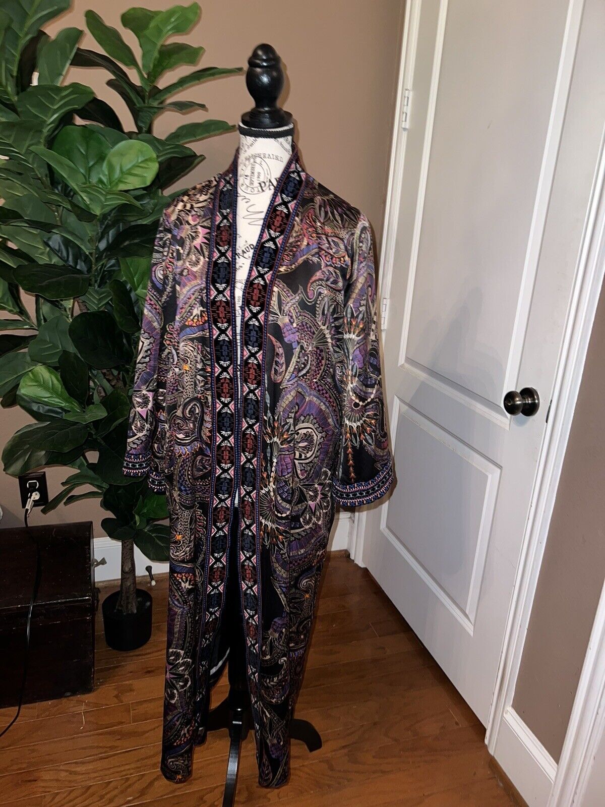 Johnny Was Velvet & Silk Mix Long Kimono Duster L Large Embroidered Wrap