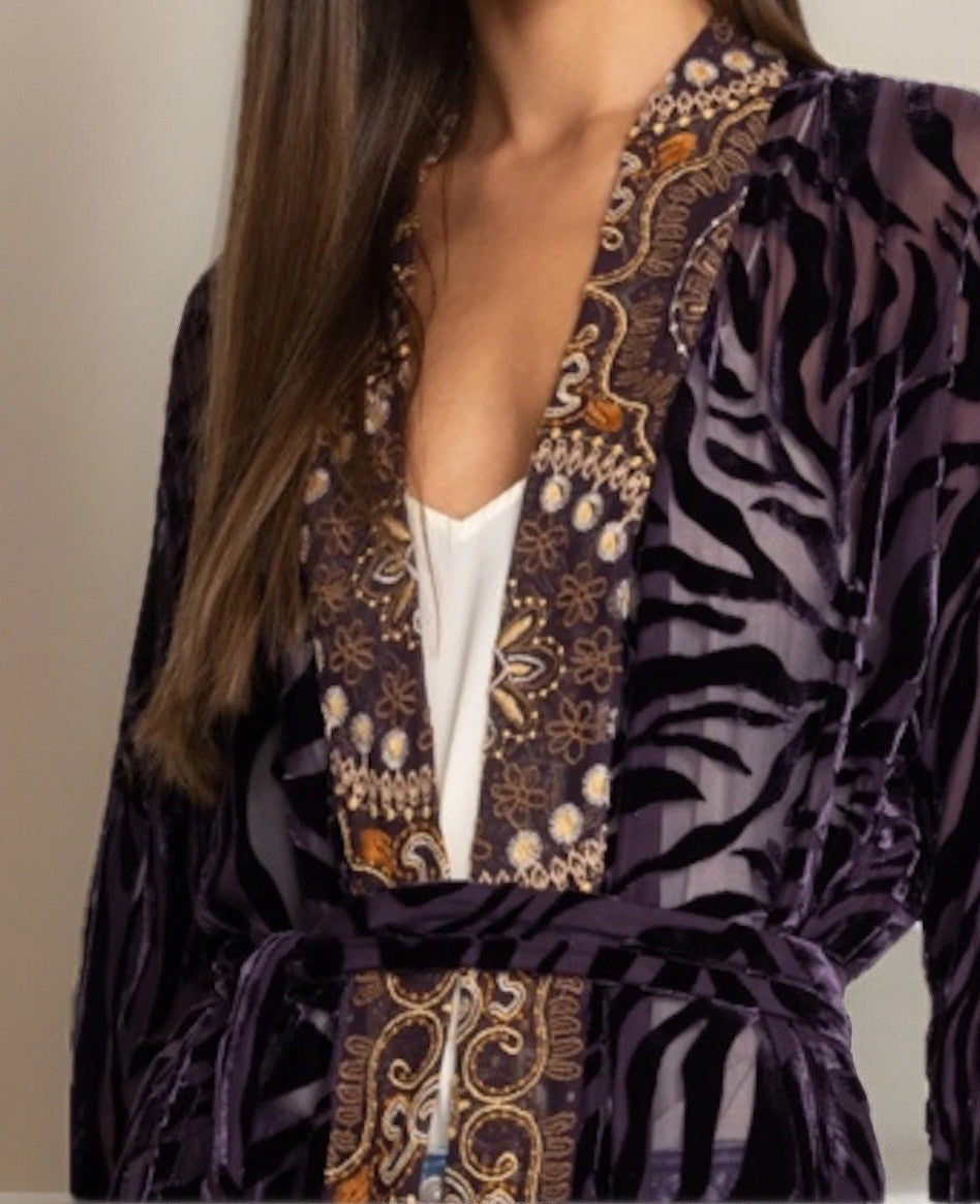 Johnny Was XL Burnout Velvet Long Kimono Duster Wrap Deep Eggplant Zebra & Gold Johnny Was