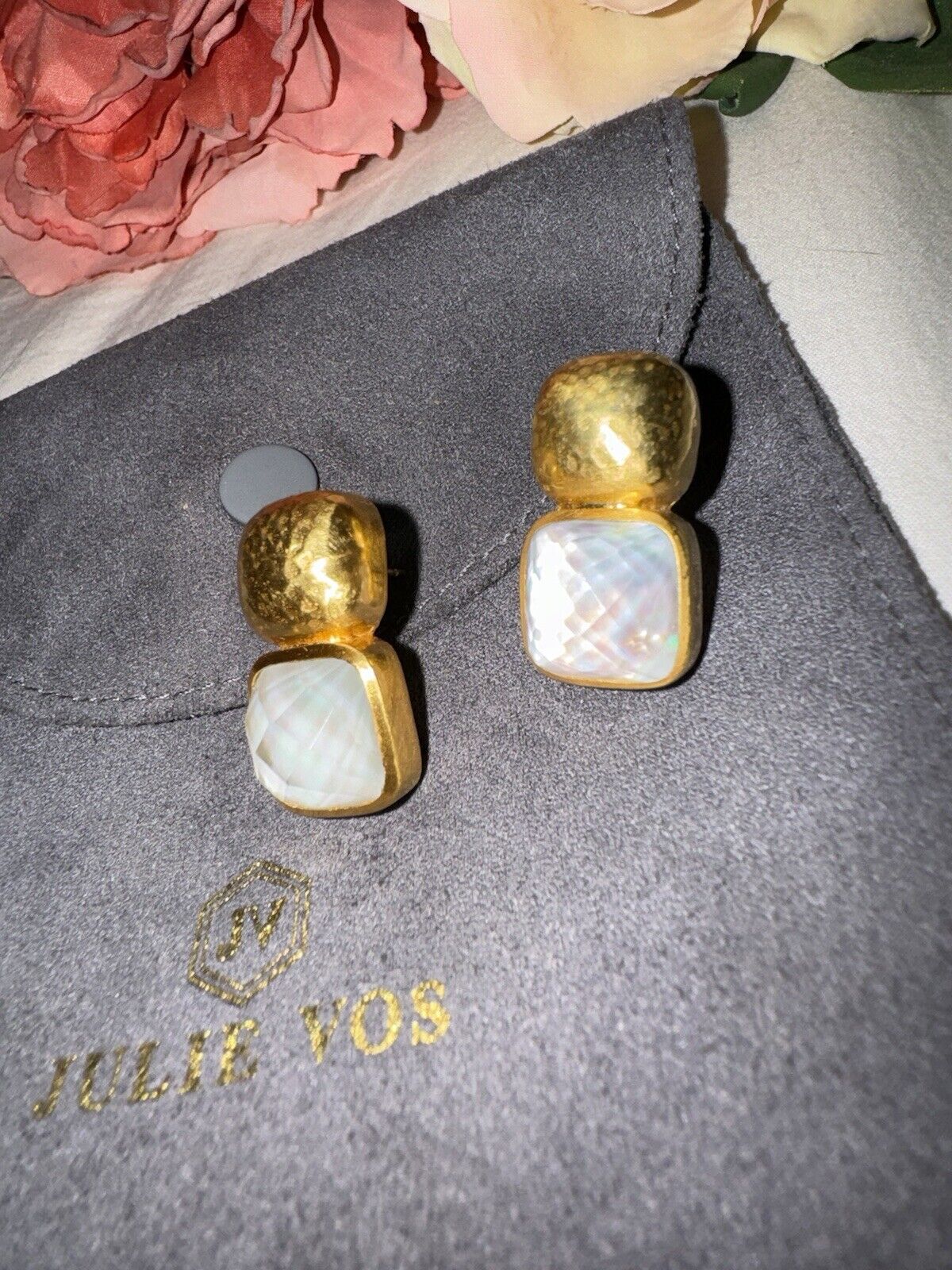 NEW Julie Vos Iridescent Clear Crystal 24k Gold Plated Earrings NWOT