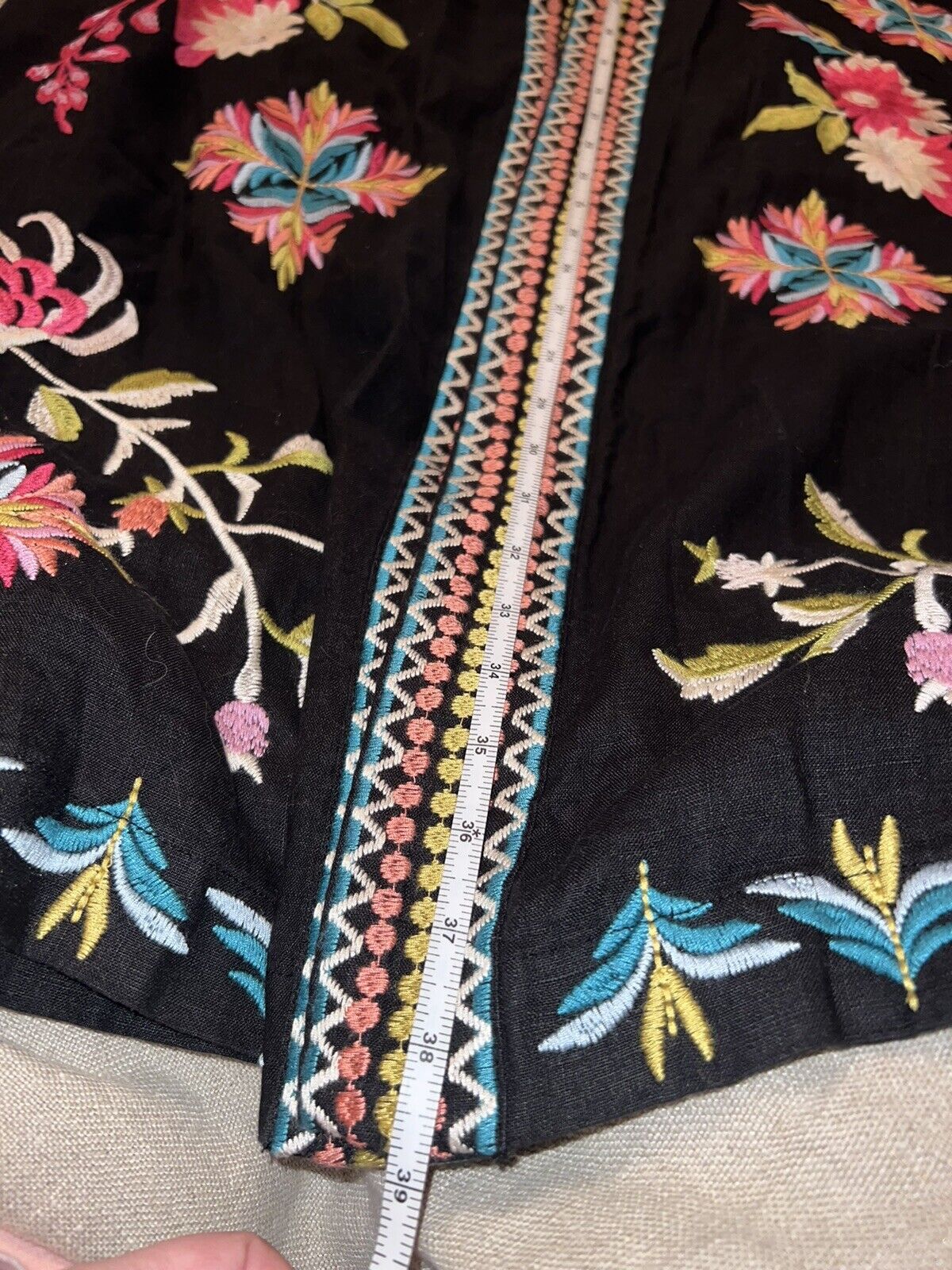 Johnny Was L Large Linen Long Kimono Duster Black Floral Embroidered