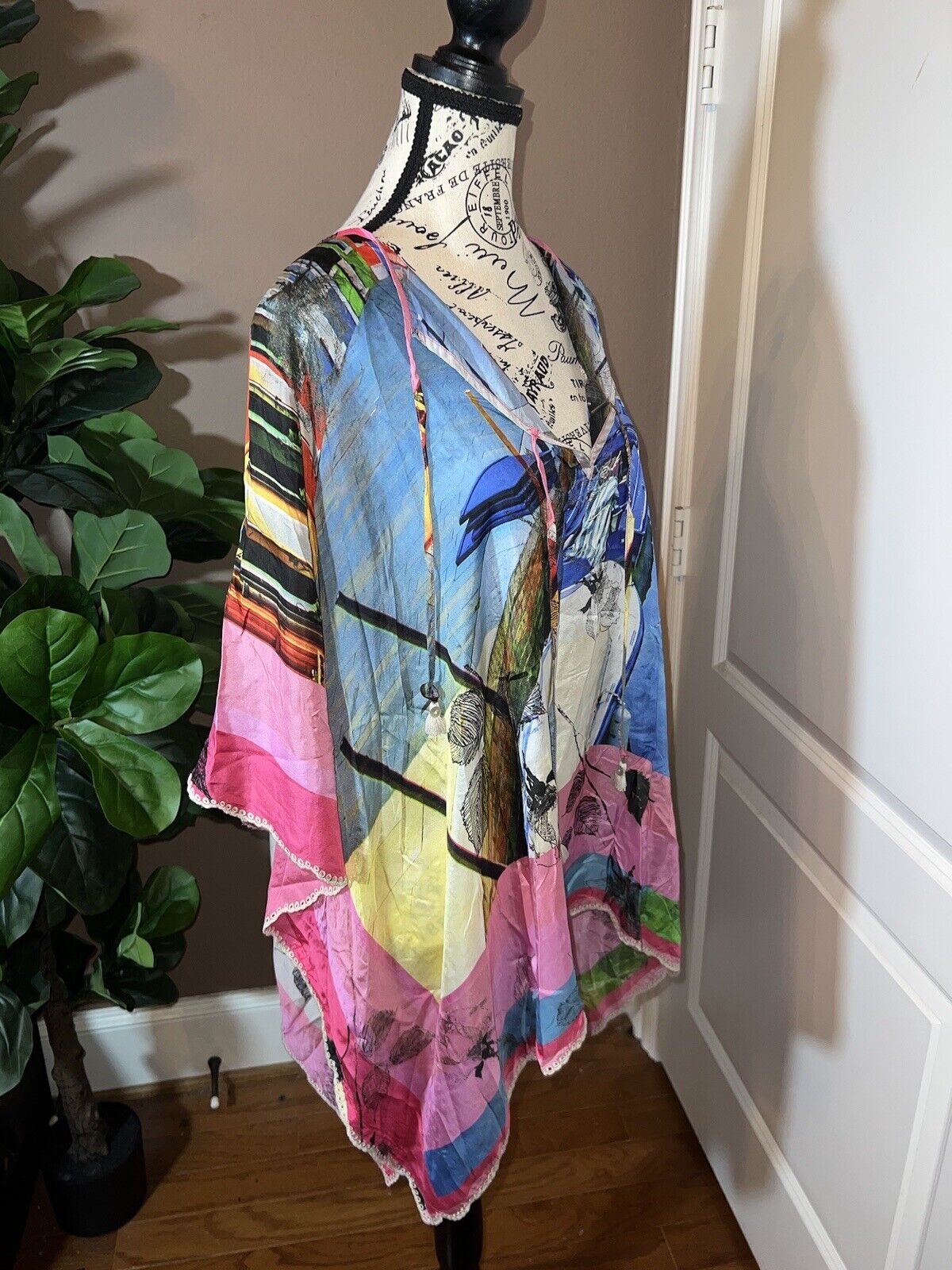 Johnny Was O/S Angelica 100% Silk Lagen One Size Tunic Blouse Poncho Cover Up