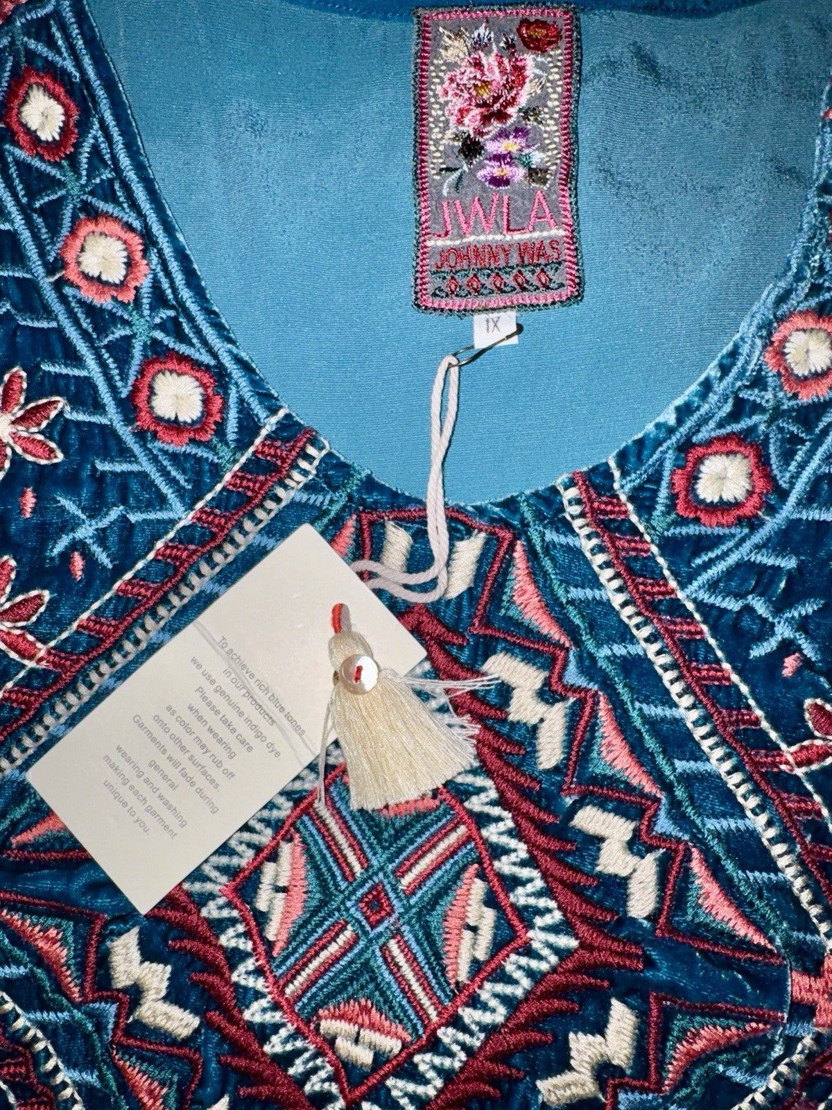 Johnny Was 1X Plus Turquoise Blue Velvet Tunic Top Long Sleeve Blouse Shirt Johnny Was