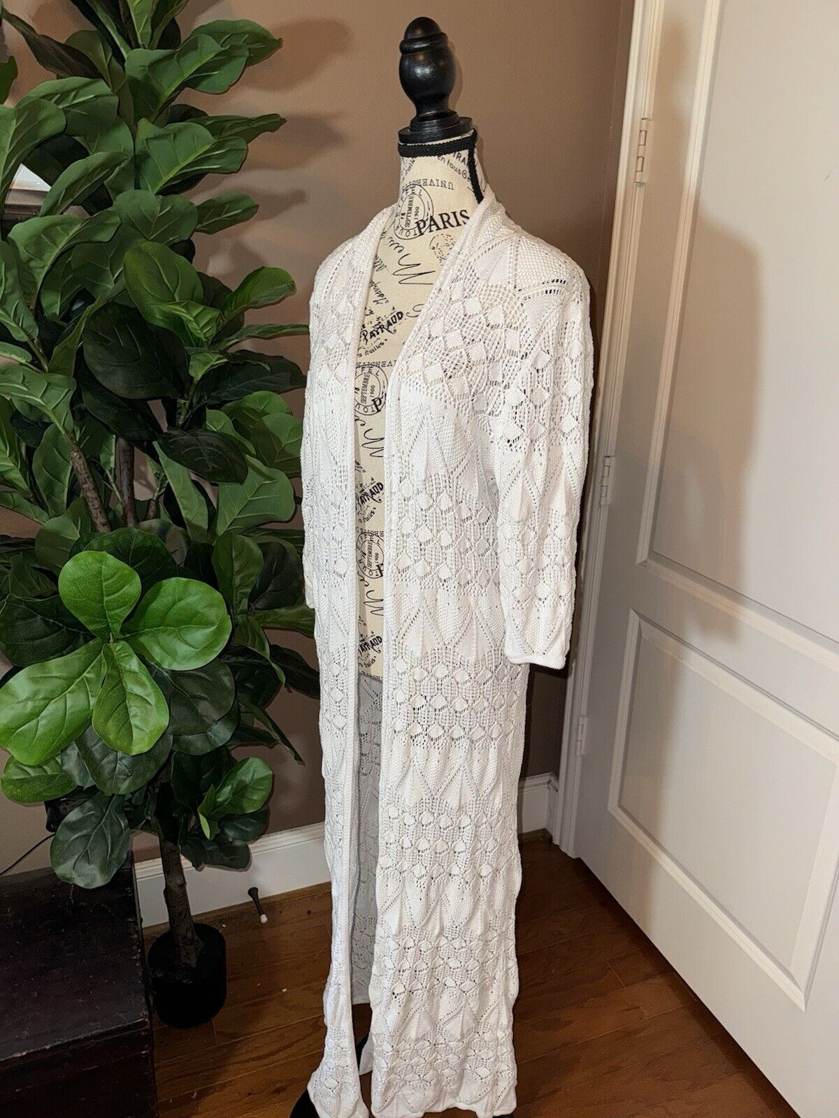 Johnny Was White Crochet Long Kimono XL 1X 1XL  Duster Cover Up Wrap