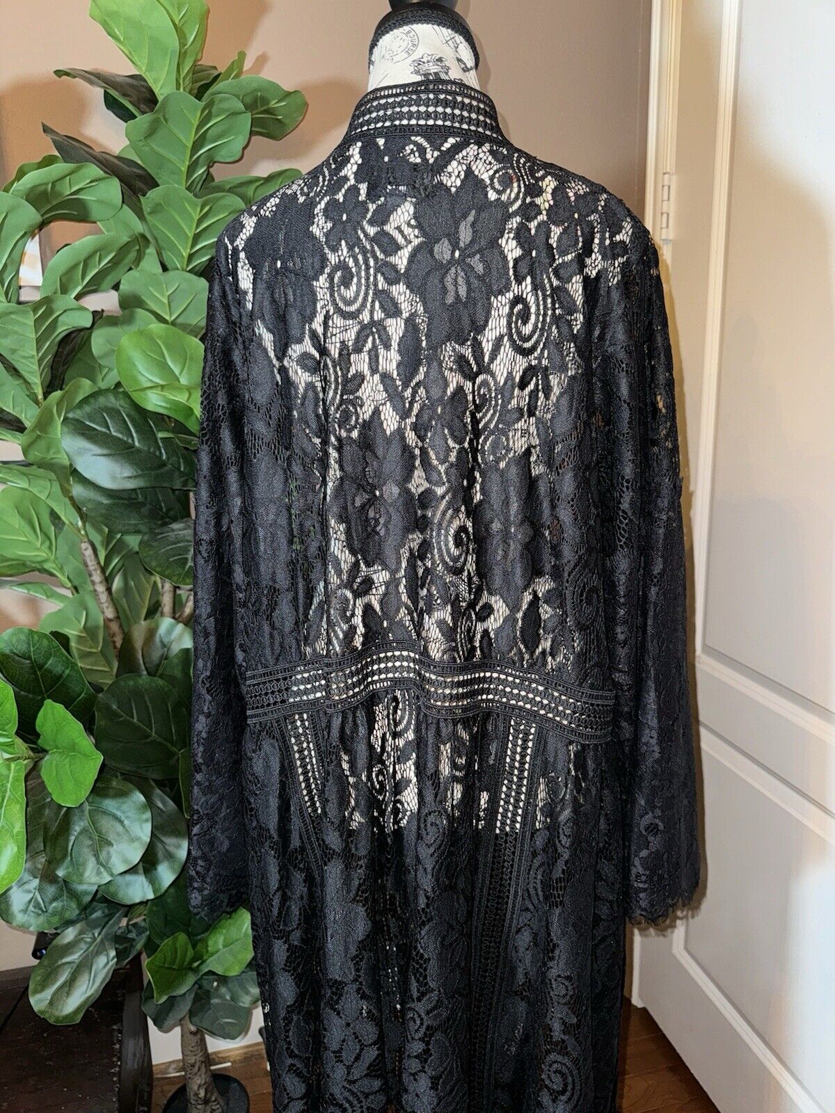 Johnny Was 2X 2XL Black Lace Long Maxi Dress Kimono Sleeves Empire Waist