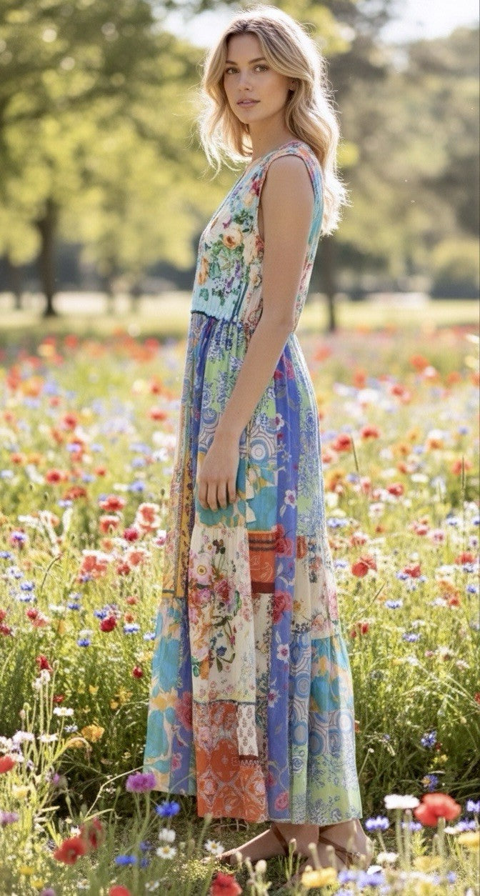 Johnny Was 1XL 1X Maxi Dress Sleeveless Patchwork Floral Pattern Tassel BOHO Johnny Was