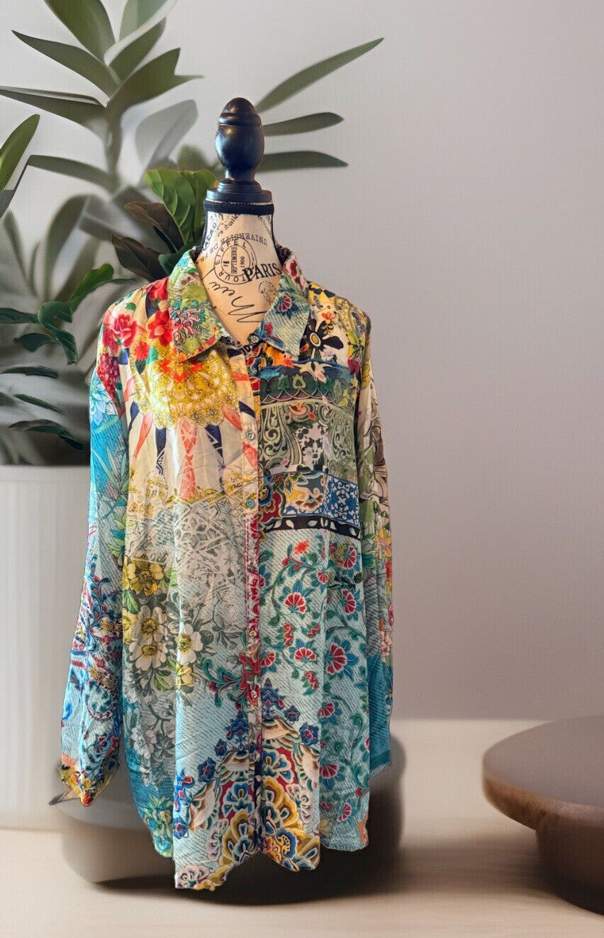 Johnny Was 3X 3XL 100% Silk Button Up Tunic Top Blouse Shirt Kimono L/S Johnny Was