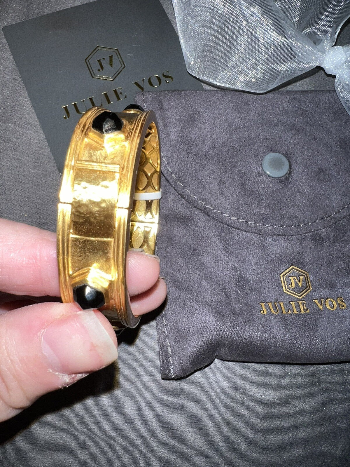 Julie Vos Obsidian Hinged Bangle Bracelet Hexagonal Stones And 24k Gold Julie Vos